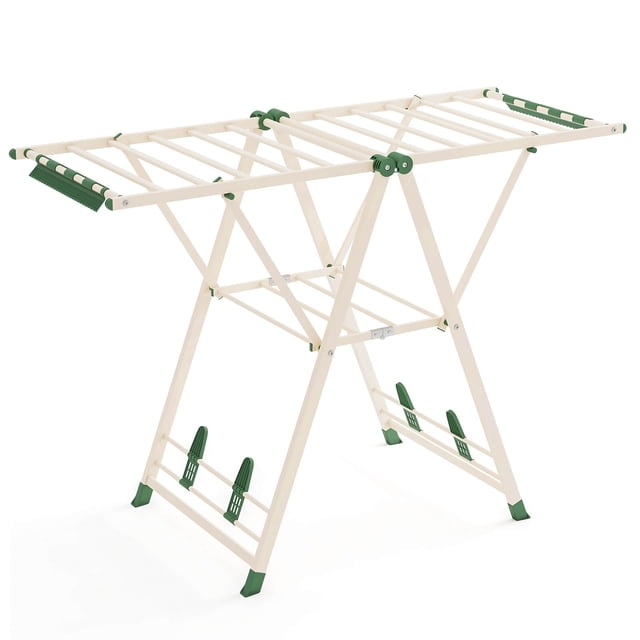 Costway Étendoir à Linge en Métal Pliable avec Ailes Réglables en Hauteur, 16 Rails de Séchage Beige