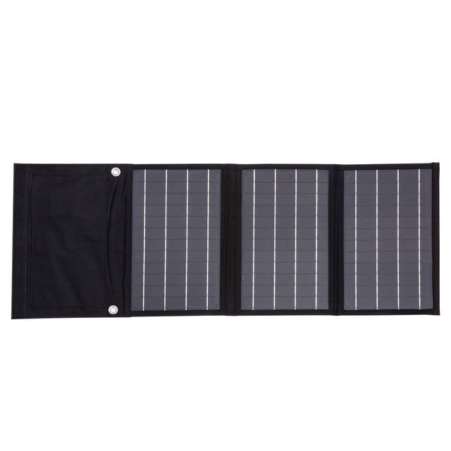 Technaxx TX-207 21-watt solar charging case in black, unfolded flat showing three monocrystalline solar panels with grid lines on a black PET fabric cover with two metal grommets, suitable for portable outdoor renewable energy charging during camping or travel.