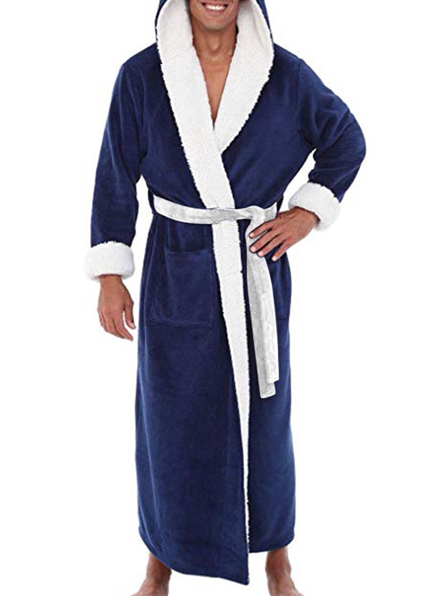 MAWCLOS Men Wrap Robe Long Sleeve Dressing Gown Solid Color Bath Robes Warm Night Hooded Towelling Blue White 4XL