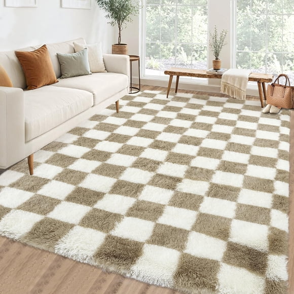 Checkered Area Rug 9x12 Large Rug Thick Ultra Soft Shaggy Carpet Fluffy Plush Shag Washable Rug for Living Room Nursery Bedroom Cozy Playroom Teen Room Decor, Taupe and White
