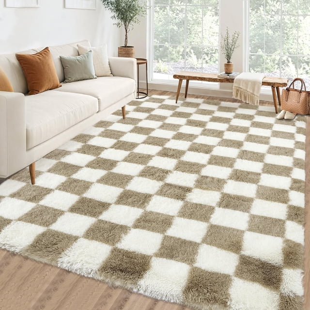 Checkered Area Rug 9x12 Fluffy Rug Checkered – Large Plush Rug for Bedroom, Ultra Soft Non-Slip Fluffy Carpet for Living Room – Modern Indoor Floor Rug