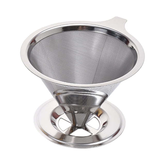 Visland Coffee Filter Stainless Steel Pour Over Coffee Dripper, featuring a reusable and paperless cone design. Made from high-grade stainless steel with a dual-mesh construction for even extraction and a smoother coffee experience. The filter is compact, lightweight, and suitable for home, office, or travel use. Shown in a polished silver finish with a sturdy base for stability.