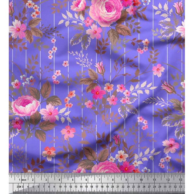 Soimoi Tissu Popeline de Coton Rayé, Feuilles & Roses Imprimé Floral au Mètre 56 Pouces de Large