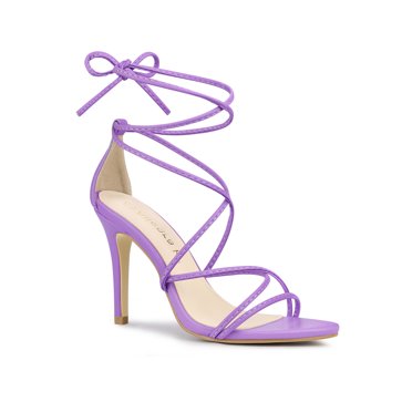 BLISSFUL STEP Women's Stiletto High Heel Sandals Lace-Up Open Toe Faux Leather Shoes Lavender 8.5