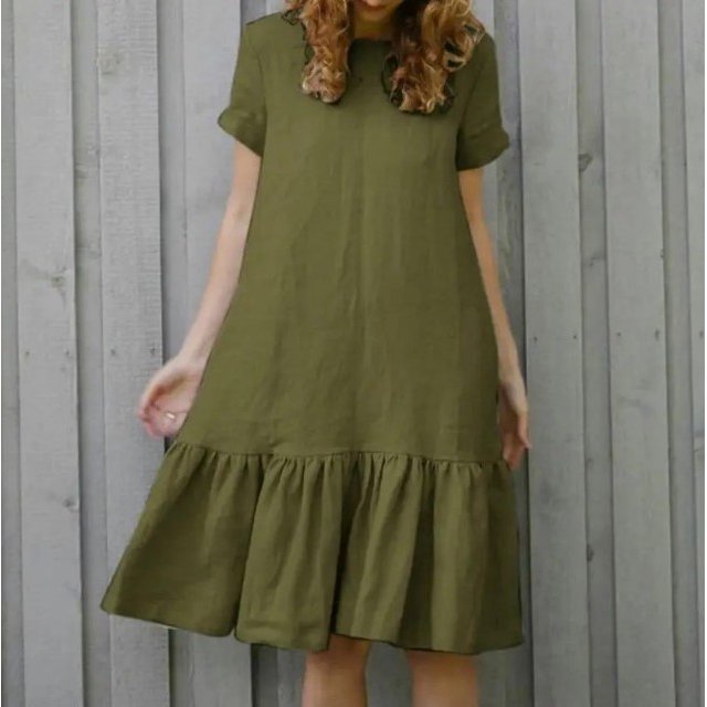 JUNWELL Robes d'Été Femmes Mode Sans Manches Ample Manches Courtes Col Rond Coton Lin Nouvelle Robe de Plage Boho Couleur Unie Femme