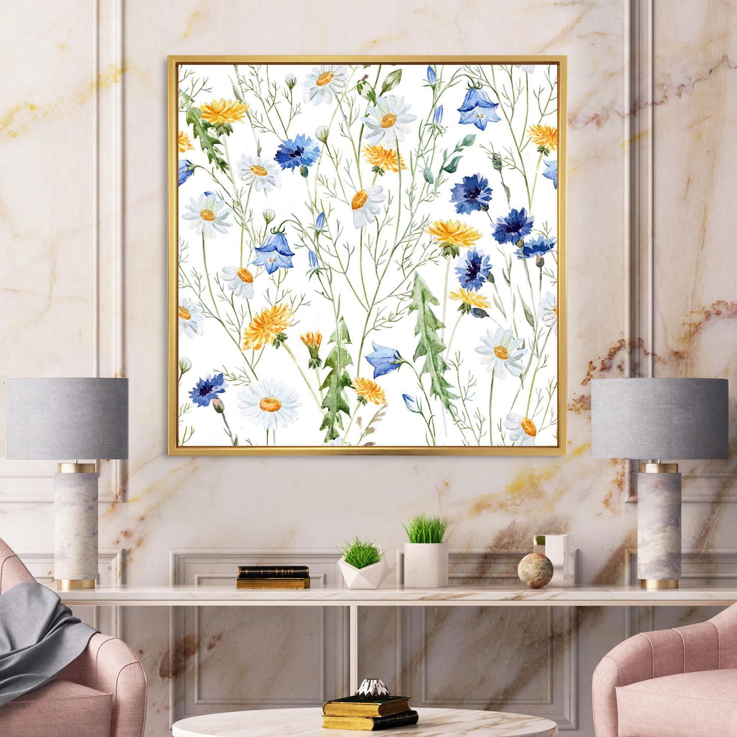 Designart Fleurs sauvages Camomille et Clover Bell II ART MURAL À CADRE FLOTTÉ