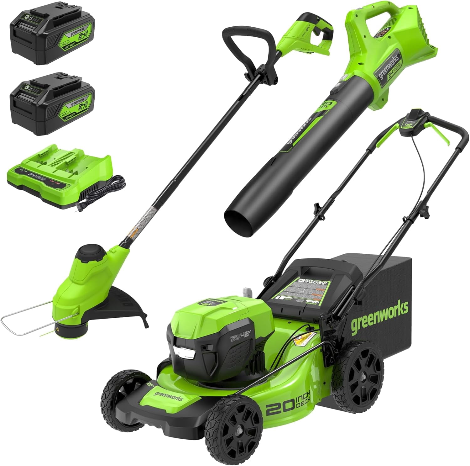 Greenworks 48V (2x24V) Lawn Mower & String Trimmer & Blower Combo, (2) 4.0Ah Batteries and Dual Port Charger Included