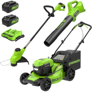 Greenworks 48V (2x24V) Tondeuse à gazon & Chaînes de trémie & Combo souffleur, (2) 4.0Ah Batteries et chargeur de port double inclus