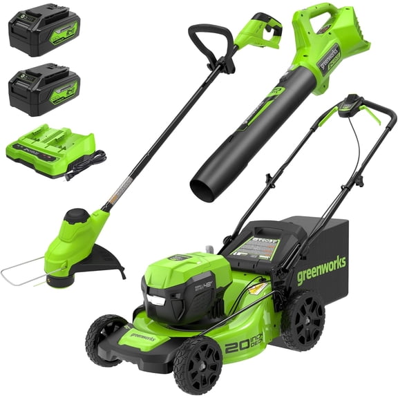 Greenworks 48V (2x24V) Lawn Mower & String Trimmer & Blower Combo, (2) 4.0Ah Batteries and Dual Port Charger Included