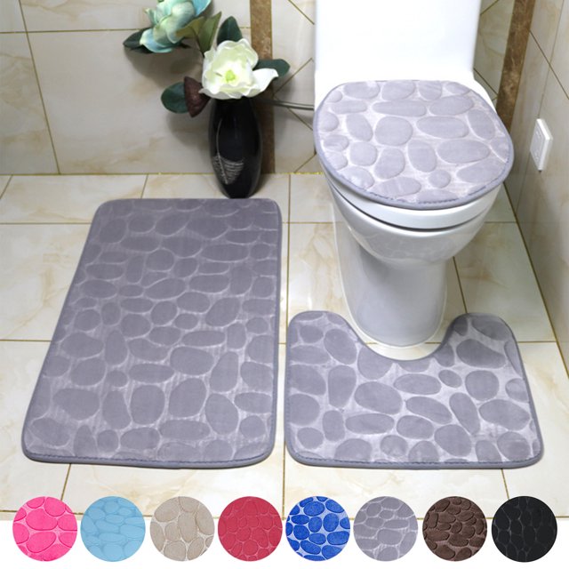 LSLJS Bathroom Rugs Sets 3 Piece Bathroom Carpet in gray, featuring a super soft non-slip cobblestone texture. Includes a large rectangular bath mat, a U-shaped mat for toilet bases, and a toilet seat cover. Made of polyester with high water absorption, plush comfort, and machine washable properties. Ideal for bathrooms, saunas, showers, and other spaces.
