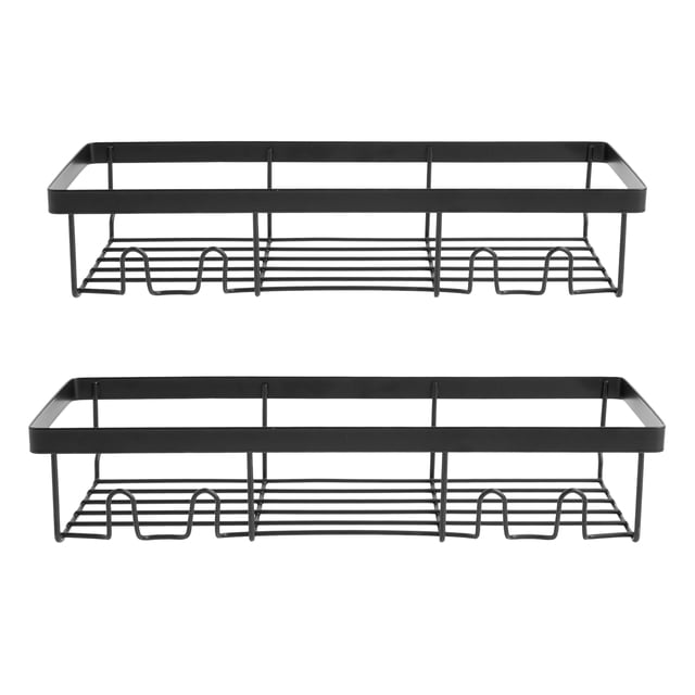 Era Aldo Wall Mount Shampoo Caddy, Adhesive, 2 Pack Matte Black with two matte black rectangular metal shower caddies featuring open wire shelves and raised edges, designed for adhesive mounting on smooth bathroom surfaces, ideal for organizing shampoo and shower essentials.