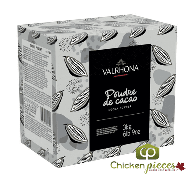 Valrhona 100% Dutch Processed Cocoa Powder in a 3KG (6.6lbs) resealable box. The packaging features a grey design with cocoa pod illustrations and a black label displaying the product name in white text. This unsweetened, alkalized cocoa powder is ideal for baking, hot chocolate, and gourmet recipes.