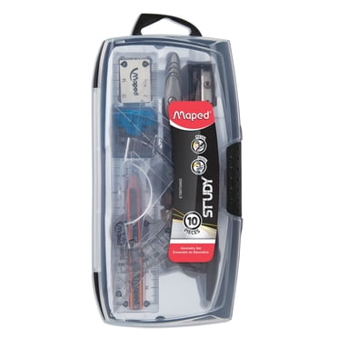 Maped Set de geometrie Study - set de 10 pieces - 2 Compas metal, regle, rapporteur, 2 equerres, aiguisoir metal, mini crayons HB, boite de 10 mines.