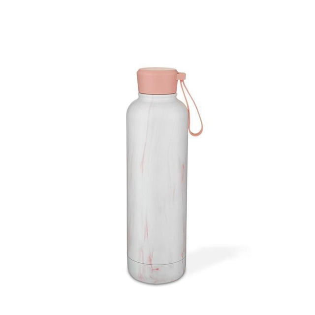 Mainstays 17oz double wall vacuum insulated bottle in white marble with pink veining, featuring a pink screw-on lid and carrying loop, fully leak-proof and suitable for daily hydration or as a compact container for small items.
