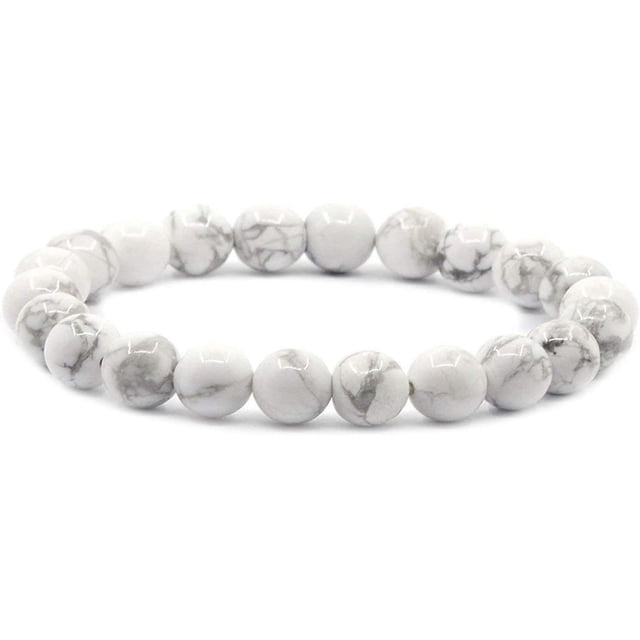 Bracelet Extensible Unisexe en Perles Rondes de 8 mm en Howlite Blanche Naturelle