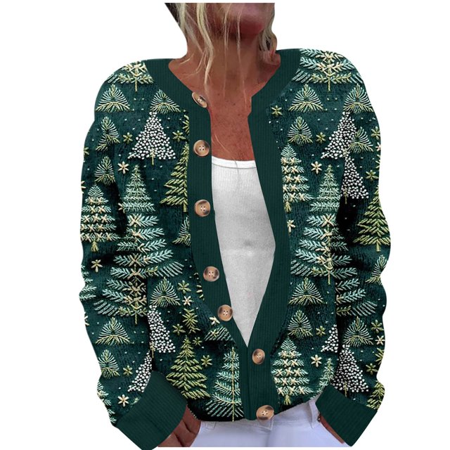 yardsong Womens Knit Christmas Trees Sweater Cardigan Open Front Button Down Casual Fall Winter Multicolor,XXXL
