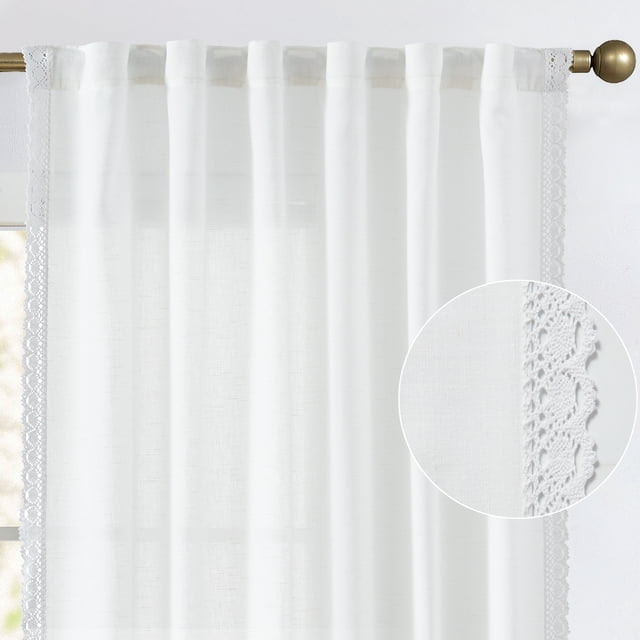 Curtainking Linen Curtains White Curtains with Lace Trim for Living Room 63 Inch Long Rustic Farmhouse Curtains Rod Pocket Semi Sheer Light Filtering Drapes Bedroom Window Curtain 2 Panels
