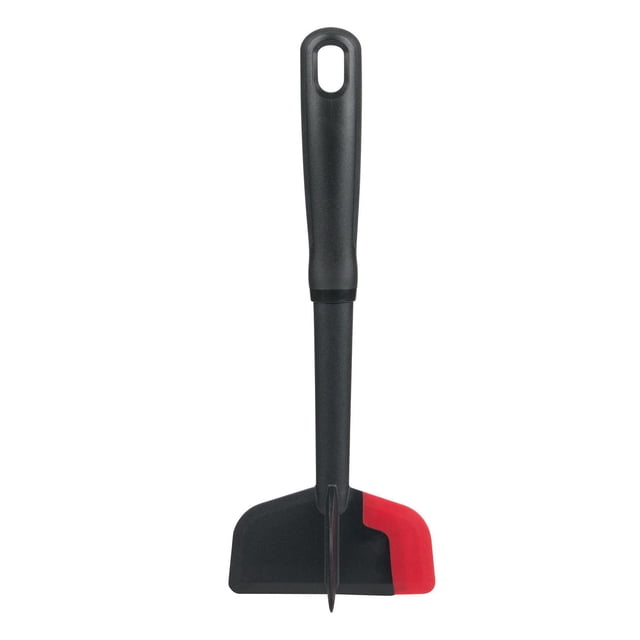 Mainstays Meat Chopper in black with a red silicone edge, featuring an ergonomic handle for comfortable grip, designed for chopping, mashing, and scraping food in the kitchen.