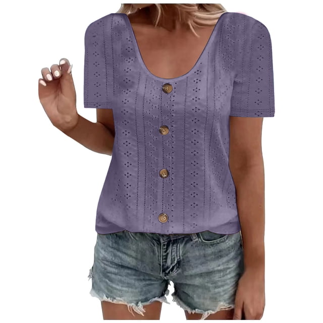 Plebaso Hauts d'Été pour Femmes Col Rond Manches Courtes T-Shirts Ajourés Décontractés Chemisiers à Boutons P-5TG