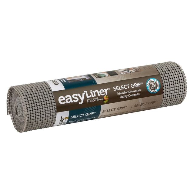 Select Grip EasyLiner Brand Shelf Liner, light gray, 12 in. x 10 ft., rolled with a textured non-adhesive grip top and bottom to hold liner and objects in place, ideal for drawers and utility cabinets, easy to cut, install, and reposition, featuring Duck Brand packaging.