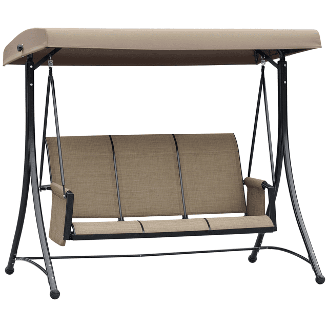Outsunny Chaise d'Extérieur pour 3 Personnes Porch Swing avec Auvent Ajustable Brun, avec Trois Sièges en Maille Ventilés et un Cadre en Acier Noir Robuste. la Balançoire Comprend un Auvent Réglable pour une Ombrage optimal, des Pieds Antidérapants pour la Stabilité et Deux Sacs à Magazines pour le Rangement. Idéale pour les patios, les Jardins, les Vérandas Ou pour Se Détendre au Bord de la Piscine.