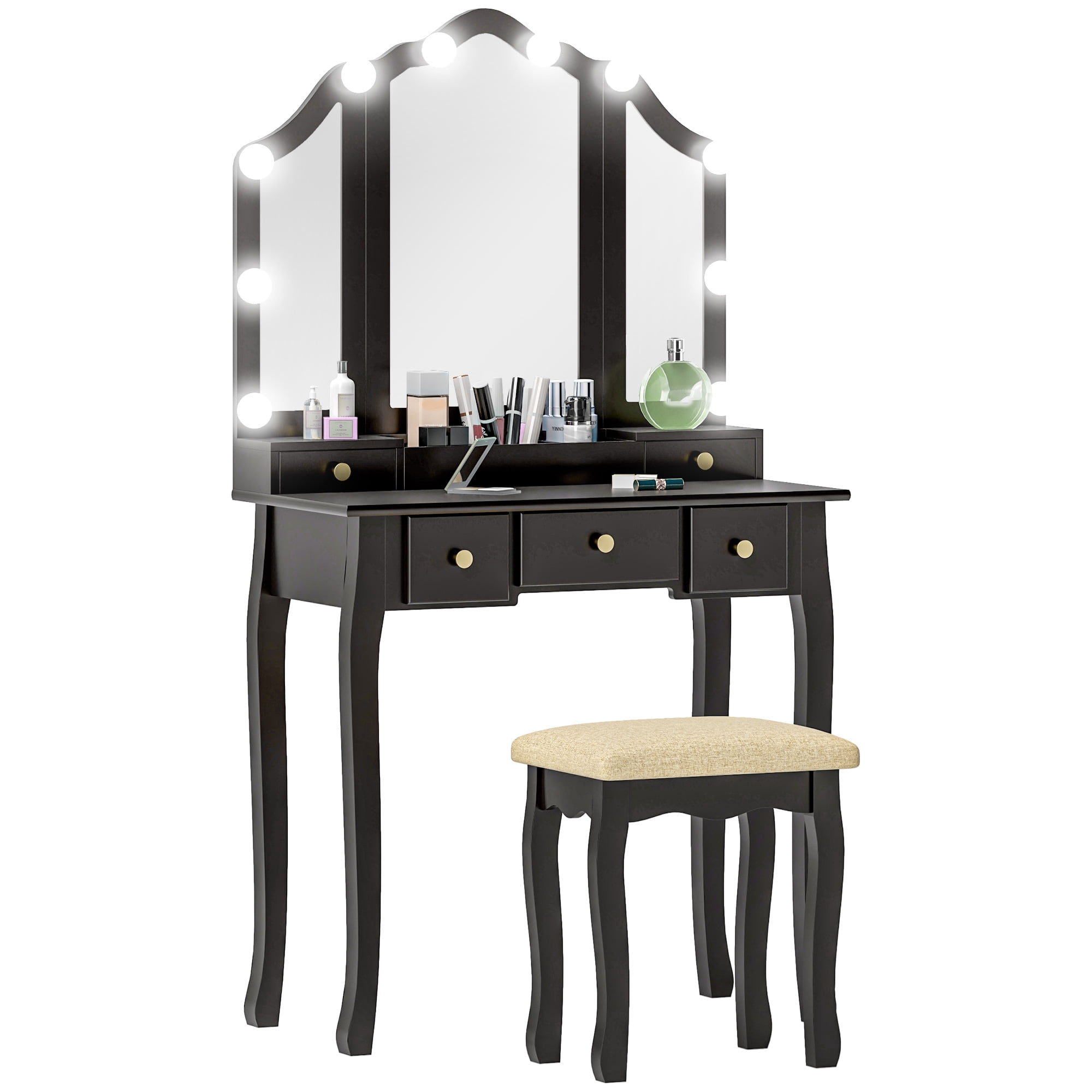HOMCOM Ensemble de Coiffeuse avec Miroir et Tabouret, Coiffeuse avec Rangement, Noir