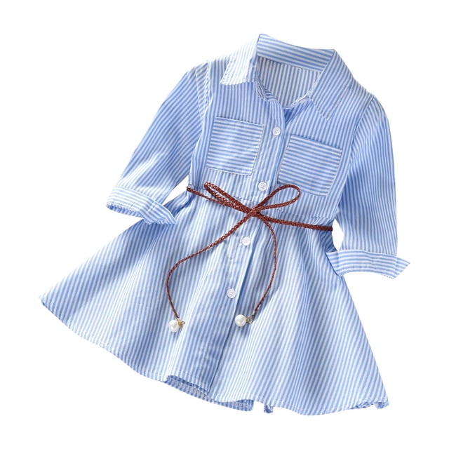 Bwiyojiz Tailles Mode 90-140 Robe à Manches Longues à Col Rond Coton 3-10 Ans Robe à Col Rayé pour Enfants et Filles avec Boutons, Poche, Cordon à la Taille, Col Rond, 130, Cadeaux pour la Maison, Bleu Pâle