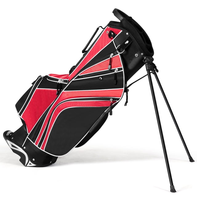 Gymax Golf Sac de support à 6 Compartiments, Sac de transport de Golf Rouge avec Bretelles Style Sac à Dos et 7 Poches de Rangement. Conçu pour les Golfeurs, Ce Sac de Chariot de Golf Léger et Pratique pour le Voyage Présente un support Automatique durable avec Repose-Pieds Antidérapant, construction en Tissu polyester et dimensions Compactes pour un transport Facile. Comprend des Poches à Glissière, un Porte-Parapluie et des Sangles Ergonomiques pour un Confort Accru.