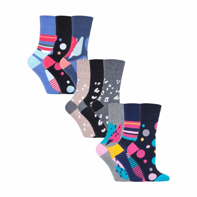 Gentle Grip - 9 Pairs Ladies Cotton Soft Top Patterned Non Elastic Crew Socks