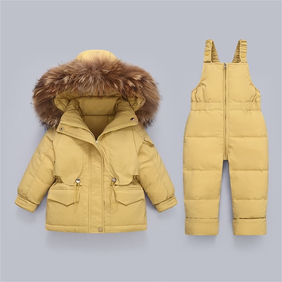 LIJCC Toddler Girl Winter Snowsuit 2Pcs Kids Puffer Down Jacket Hooded Coat + Fur Snow Bib Pants Kids Windproof Waterproof Skiing Suit Clothes
