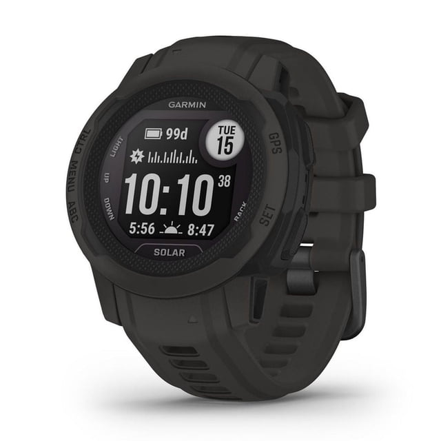 Garmin Instinct 2S Rugged GPS Smartwatch and Fitness Tracker with Solar Charging in black, 3/4 front view showing monochrome digital display with time, date, battery life, and solar charge indicator, featuring a shock-resistant fiber-reinforced polymer case and vented silicone strap, water-rated to 100 meters, ideal for outdoor fitness and daily activity tracking.