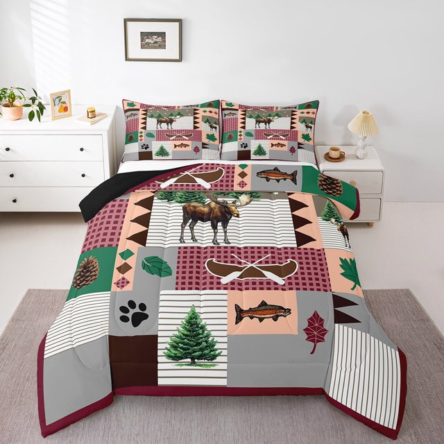 Moose Lodge Kids Comforter Set,Rustic Famhouse Boat Bass Fish Adventure Bedding Set All Season,Retro Brown Gray Red Plaids Stripes Patchwork Comforter 2 Pcs with 1 Pillowcase,Toddler Size