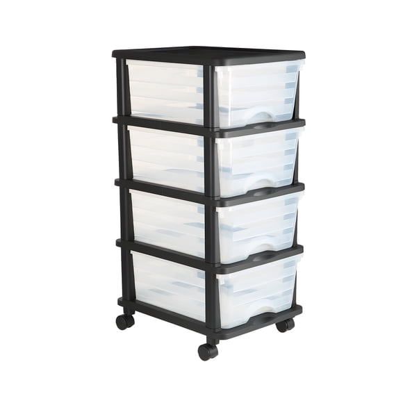 KFFKFF Plastic Storage Drawers Cart, 4 Drawers Storage Organizer with Wheels, Rolling Closet Organization and Storage Dividers, Dresser Organizer Clear Bins for Office Supplies, Craft Rooms