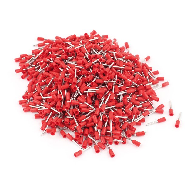 Unique Bargains 1000pcs E7510 AWG20 red sleeve insulated cable ends terminal connectors. A pile of tube-type terminals made of plastic and metal, featuring silver-tone pins and red sleeves. Ideal for electrical accessories and terminating stranded wire into terminal blocks.