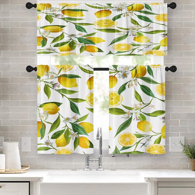 Lemon Fruits Kitchen Curtains Flower Leaves Window Curtains and Valances Set 36 Inch, Summer Tropical Short Tier Curtain for Kitchen, Fruit Background Small Kitchen Decor