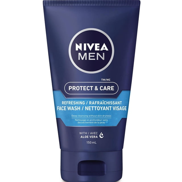 NIVEA MEN Protect & Care Refreshing Face Wash in a 150 mL dark blue squeeze tube with flip cap, containing aloe vera for deep cleansing and moisturizing men's skin without dryness, suitable for daily facial cleansing and pore unclogging.
