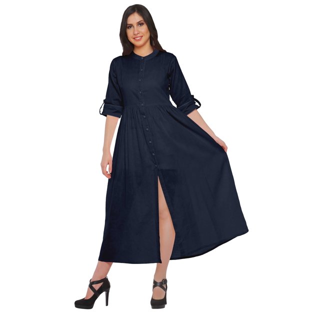 Moomaya Long Button Down Shirts For Women Front Slit A-Line Kurtis Summer Kurta