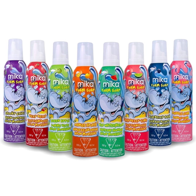 mika Kids Foam Soap, 8 Pack Assorted Flavour Foam Soap, 8.2 oz each, featuring eight colorful bottles with playful hippo illustrations and fruit-themed labels including Groovy Grape, Very Berry, Green Apple, Orange Splash, Wild Watermelon, Raspberry-Lime, Blueberry Rush, and Bubble Gum, suitable for bath, shower, and kiddie pool use to make fun foam shapes.