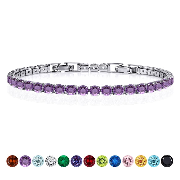 JeenMata 11 TCW Round Cut February - Amethyst - Birthstone Tennis Bracelet for Women in Eternity Design - White Gold Plating, Female, Adult