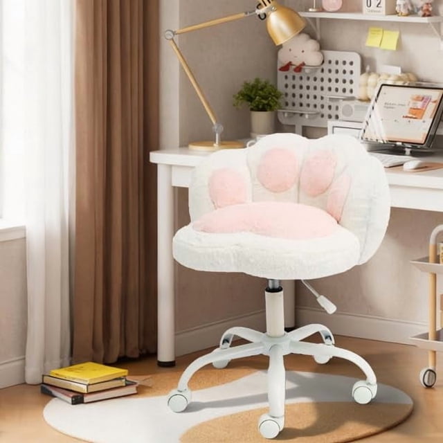 AKDSteel Vanity Chair With Cat Back, 360° Swivel Height-Adjustable Armless Office Chair With Wheels And Plush Cushion