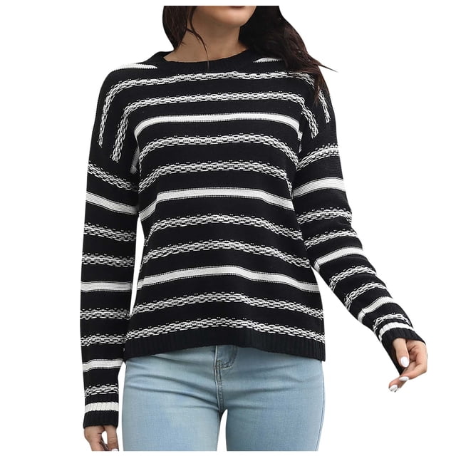 IROINID Chandail à Encolure Ronde pour Femme à Rayures Confortable Mi-Long à Manches Longues à Empiècements Chandail Tricoté Décontracté Hauts