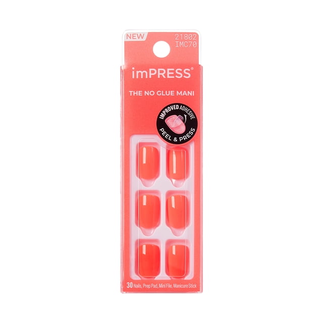 KISS imPRESS Color Nails - Happier Vibes, Orange, Squoval, Short, 30 Ct showing a front-facing red-orange package with six short squoval glossy press-on nails, branded imPRESS with 'The No Glue Mani' and improved adhesive for peel and press application, including 30 nails, prep pad, mini file, and manicure stick, ideal for quick, no-dry-time manicures.