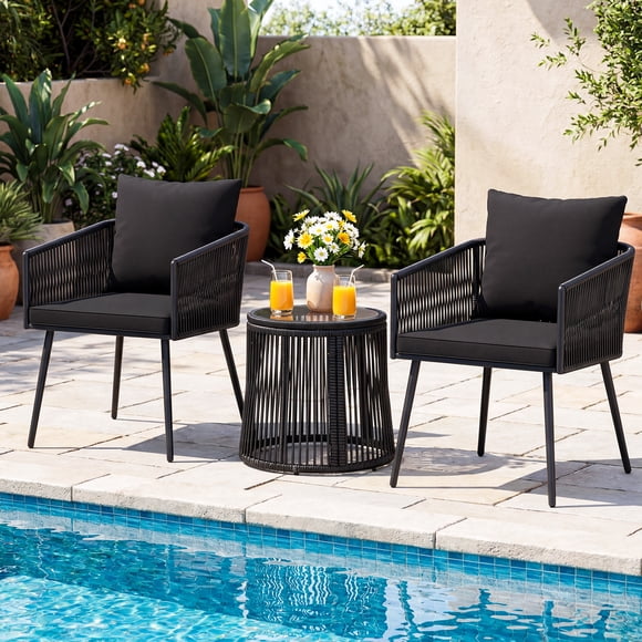 Gymax Ensemble de Mobilier d'Extérieur 3 Pcs Chaises en Osier pour Patio et Table d'Appoint Ronde avec Coussins