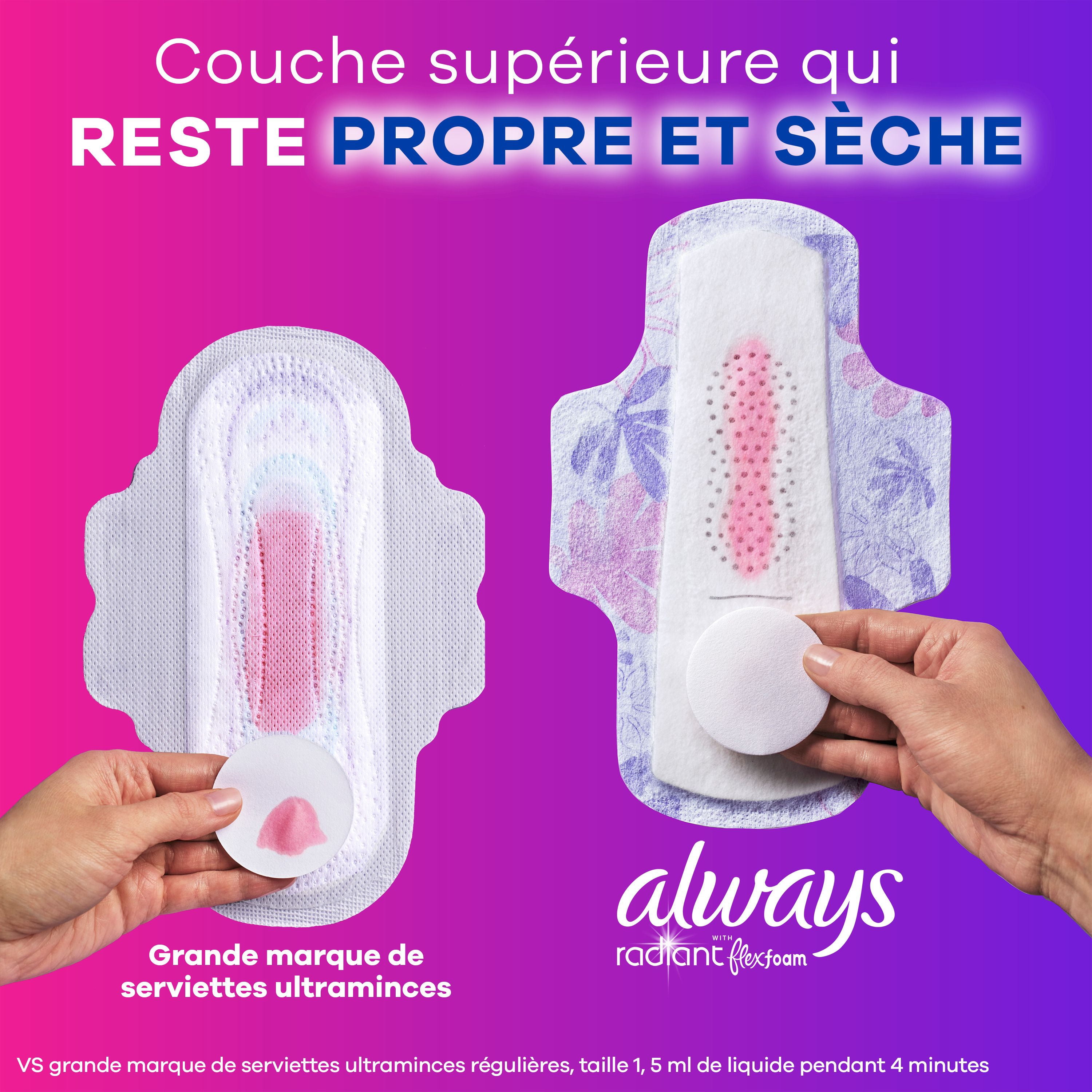 Serviettes Always Radiant Avec Flexfoam, Taille 2, Forte, Avec Ailes, Parfum Légèrement Frais, 26 Unités