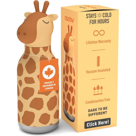 asobu Bestie Bottle Insulated Stainless Steel Water Bottle with Detachable Soft Animal Head Fun Drinking for Kids and Teens16 Ounce with Flexible Reusable Straw (Giraffe)