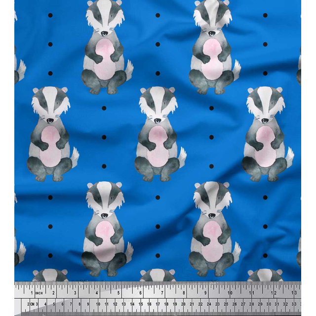 Soimoi Blue polyester Crepe Fabric Dots & Raccoon Animal Print Fabric by Yard 42 Inch Wide