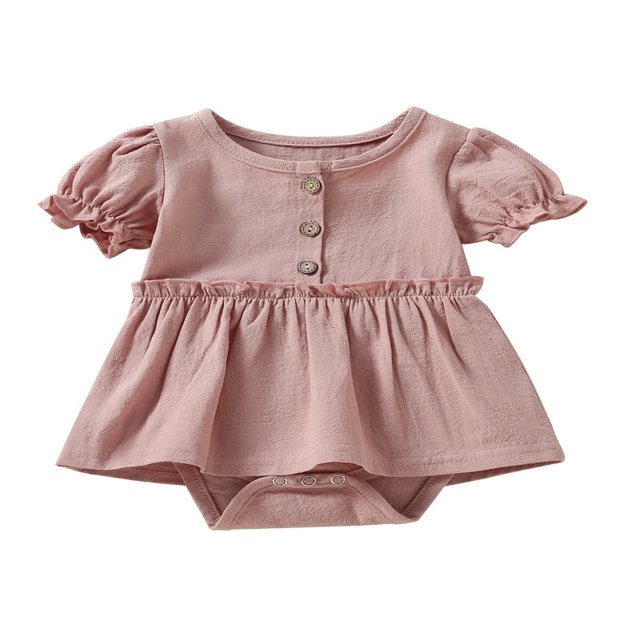 Newborn Baby Girl Cotton Romper Dress Short Sleeve Solid Color Button Tutu Bodysuit Infant Summer Basic Dress