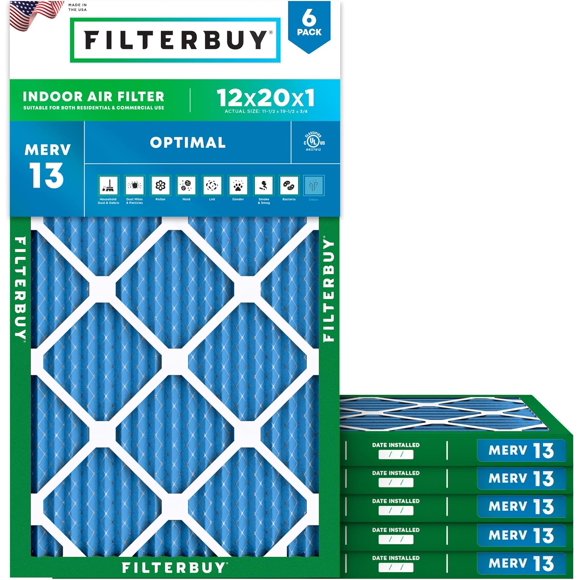 Filterbuy 12x20x1 MERV 13 (MPR 1900) Health Defense, Pleated HVAC AC Furnace Air Filters (6-Pack)