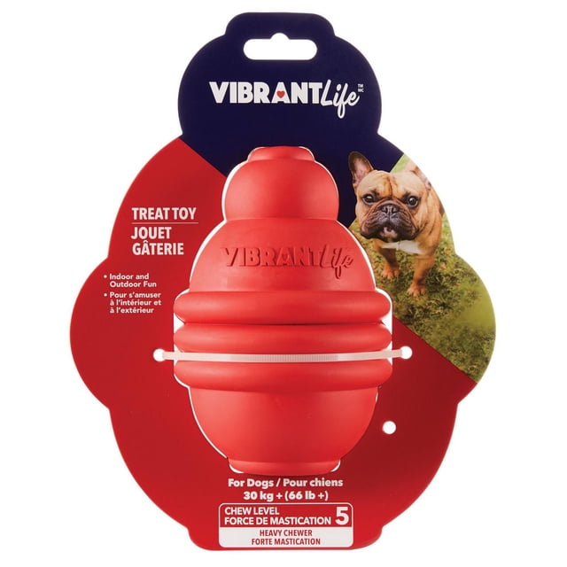 Vibrant Life Distributeur de Friandises en Caoutchouc Grand, Moyen, Rouge, Jouet à Mâcher pour Chien en Caoutchouc durable avec un design Arrondi à Étages Embossé du logo Vibrant Life, Convient aux Gros Mâcheurs de Plus de 30 kg (66 lb), Emballé avec un Dos Rouge et Bleu Marine Présentant une photo de Bouledogue Français, Idéal pour le Jeu Interactif Intérieur et Extérieur.
