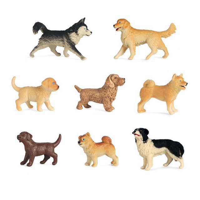 8PCS Dog Figurines Playset featuring detailed plastic puppy figures in various breeds and poses. Made of durable PVC material, these mini figurines are reusable and waterproof. Includes 8 lifelike dog figures suitable for decorative accents, cake toppers, or birthday gifts for kids.